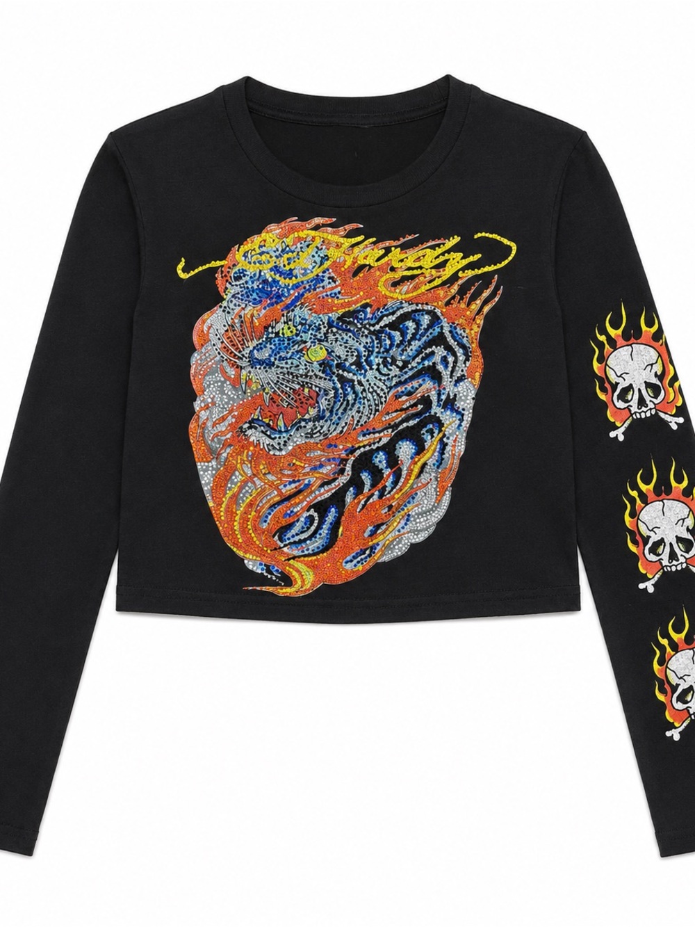 Ed Hardy Black Long-Sleeve Crop Top with Multicolor Tiger & Flame Graphics